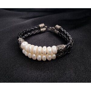 Vintage HONORA Braided Leather & Freshwater Pearl Bracelet With Silver Accents